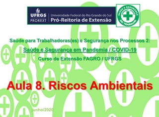 Saúde para Trabalhadoras(es) e Segurança nos Processos 2:
Saúde e Segurança em Pandemia / COVID-19
Curso de Extensão FAGRO / UFRGS
junho/2020
Aula 8. Riscos Ambientais
 