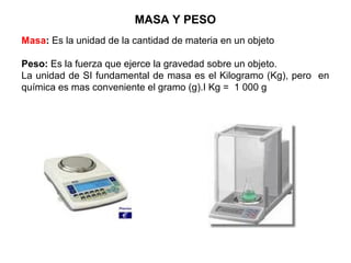 MASA Y PESO
Masa: Es la unidad de la cantidad de materia en un objeto

Peso: Es la fuerza que ejerce la gravedad sobre un ...