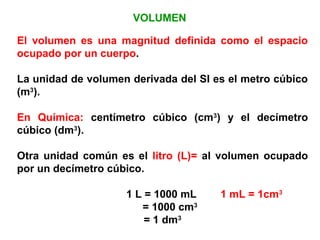 VOLUMEN

El volumen es una magnitud definida como el espacio
ocupado por un cuerpo.

La unidad de volumen derivada del SI ...