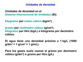 Unidades de densidad

Unidades de densidad en el
Sistema Internacional de Unidades (SI):

kilogramo por metro cúbico (kg/m...