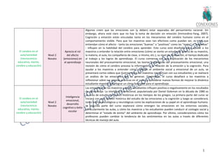 13
El cerebro en el
aula/sociedad
(neurociencia
educativa, mente,
cerebro y educación)
Nivel 2
Novato
Aprecia el rol
del afecto
(emociones) en
el aprendizaje
Algunos creen que las emociones son (y deben) estar separadas del pensamiento racional. Sin
embargo, ahora está claro que no hay la toma de decisión sin emoción (Immordino-Yang, 2007).
Cognición y emoción están vinculadas tanto en los mecanismos del cerebro humano como en el
comportamiento visible. Para que los maestros sean tan efectivos como puedan ser, es vital que
entiendan cómo el afecto - tanto las emociones "buenas" o "positivas" como las "malas" o "negativas"
- influyen en la habilidad del cerebro para aprender. Este curso está diseñado para ayudar a los
maestros a entender la relación entre emociones (cómo se siente un estudiante acerca de su maestro,
la materia, el aula, los compañeros de clase, si mismo, etc.), su nivel de motivación, el tiempo dedicado
al trabajo y los logros de aprendizaje. El curso comienza con una explicación de los mecanismos
neuronales del procesamiento emocional, las teorías psicológicas del procesamiento emocional, una
revisión de cómo el cerebro procesa la información y la relación de la emoción y la cognición. Para
ayudar a los maestros a entender cómo cambian el ambiente social y emocional de un aula, se
presentará cortos videos que ilustran cómo los maestros interactúan con sus estudiantes y se realizará
un análisis de las emociones que se generan. Finalmente, el curso desafiará a los maestros a
reflexionar sobre sus propias prácticas en el aula y a considerar nuevas formas de mejorar la dinámica
estudiante-maestro para lograr un clima favorable para el aprendizaje.
El cerebro en el
aula/sociedad
(neurociencia
educativa, mente,
cerebro y educación)
Nivel 2
Novato
Inteligencia
emocional,
desarrollo
cognitivo y éxito
escolar
Las emociones de los maestros y de los estudiantes influyen positiva o negativamente en los resultados
de aprendizaje. La inteligencia emocional, popularizada por Daniel Goleman en la década de 1980 es
un área de estudio con raíces históricas en los tiempos de los griegos. La primera parte del curso se
iniciará con una revisión histórica del estudio de las emociones y la cognición y luego se considerará,
tanto teorías psicológicas y neurológicas como las explicaciones de su papel en el aprendizaje humano.
La segunda parte del curso explorará cómo emergen las emociones en los entornos sociales,
particularmente las aulas, y cómo los maestros y los estudiantes pueden conducir al contagio social y
determinar el "estado de ánimo" del ambiente de aprendizaje. Por último, consideraremos cómo los
profesores pueden cambiar la tendencia de los sentimientos en las aulas a través de diferentes
técnicas de manejo del aula.
 
