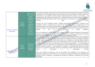 27
Aulas para un óptimo
aprendizaje
Nivel 3
Novato
Avanzado
Aplicando los 7E
Elicit (provocar),
Engage
(enganchar),
Explore
(explorar),
Explain
(explicar),
Elaborate
(elaborar),
Evaluate
(evaluar),
Extend
(extender o
transferir)
"De acuerdo con Dewey, una función primaria de la educación formal es generar disonancia a través de
la reflexión. Esta "incomodidad" surge de la incoherencia entre lo que sabemos o creemos y lo que nos
enfrentamos, lo que desafía nuestro esquema mental general del mundo en que vivimos ... el
establecimiento del modelo 5Es sugerido por la Fundación Nacional de Ciencias después del Science
Curriculum Improvement Study en 1957 ayuda a introducir esta disonancia en el aula” (Tokuhama-
Espinosa, 2014, p.217).
Los siete "Es" son los siguientes: Etapa 1. Obtener conocimiento previo; Etapa 2. Involucrar a los
estudiantes; Etapa 3. Exploración por parte de los estudiantes; Etapa 4. Explicaciones de los
estudiantes sobre lo que están experimentando; Etapa 5. Elaboración de parte de los maestros para
aclarar vocabulario y terminología; Etapa 6. Evaluación de la comprensión de los estudiantes; Etapa 7.
Ampliar el uso de la información a nuevos contextos.
Este curso explicará el uso del modelo 7Es en todas las aulas y mostrará ejemplos de aplicaciones
exitosas en diferentes niveles de educación. A los maestros se les pedirá que desarrollen sus propios
planes de lecciones usando este modelo, que será retroalimentado por el grupo.
Aulas para un óptimo
aprendizaje
Nivel 3
Novato
Avanzado
Evaluación a
través de
productos,
procesos y
progreso
De acuerdo con Tokuhama-Espinosa (2014), "La evaluación puede llevarse a cabo en una variedad de
niveles ... Dejando de lado los sistemas de evaluación en" productos, procesos y medidas de progreso
", como sugiere Guskey (1996, 2001, 2011), ayuda a los estudiantes a entender dónde necesitan
mejorar, mantiene la motivación alta para el aprendizaje, incluso si reciben calificaciones bajas, y
muestra que el profesor tiene un interés personal en sus etapas de aprendizaje .... Las evaluaciones de
"productos" suelen ser sumatorias. Una evaluación de "proceso" desglosa los pasos que un estudiante
tomó para llegar al producto ... Una evaluación de "progreso" es la más difícil de administrar, ya que
requiere que el maestro sepa dónde comenzó el estudiante y dónde está ahora para que él pueda
trazar su crecimiento en el aprendizaje "(p.143).
Este curso abordará la evaluación, uno de los aspectos más complejos de la enseñanza. Los
participantes aprenderán cómo construir y usar rúbricas que incorporen elementos de aprendizaje del
producto, proceso y progreso, y actividades que ayuden al estudiante a autoevaluar estas mismas
habilidades.
 