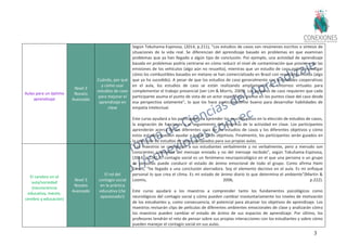 31
Aulas para un óptimo
aprendizaje
Nivel 3
Novato
Avanzado
Cuándo, por qué
y cómo usar
estudios de caso
para mejorar el
aprendizaje en
clase
Según Tokuhama-Espinosa, (2014, p.211), "Los estudios de casos son resúmenes escritos o síntesis de
situaciones de la vida real. Se diferencian del aprendizaje basado en problemas en que examinan
problemas que ya han llegado a algún tipo de conclusión. Por ejemplo, una actividad de aprendizaje
basada en problemas podría centrarse en cómo reducir el nivel de contaminación que proviene de las
emisiones de los vehículos (algo aún no resuelto), mientras que un estudio de caso podría investigar
cómo los combustibles basados en metano se han comercializado en Brasil con resultados mixtos (algo
que ya ha sucedido). A pesar de que los estudios de caso generalmente son actividades cooperativas
en el aula, los estudios de caso se están realizando ampliamente en entornos virtuales para
complementar el trabajo presencial (ver Lim & Morris, 2009). Los estudios de caso requieren que cada
participante asuma el punto de vista de un actor específico y piense en los puntos clave del caso desde
esa perspectiva solamente", lo que los hace particularmente bueno para desarrollar habilidades de
empatía intelectual.
Este curso ayudará a los participantes a aprender los muchos pasos en la elección de estudios de casos,
la asignación de funciones y el seguimiento del progreso de la actividad en clase. Los participantes
aprenderán acerca de los diferentes usos de los estudios de casos y los diferentes objetivos y cómo
estos estudios pueden ayudar a lograr estos objetivos. Finalmente, los participantes serán guiados en
la selección de estudios de casos apropiados para sus propias aulas.
El cerebro en el
aula/sociedad
(neurociencia
educativa, mente,
cerebro y educación)
Nivel 3
Novato
Avanzado
El rol del
contagio social
en la práctica
educativa (¡Se
apasionado!)
"Los maestros se comunican a sus estudiantes verbalmente y no verbalmente, pero a menudo son
conscientes solamente del mensaje enviado y no del mensaje recibido", según Tokuhama-Espinosa,
(2014, p.234). El contagio social es un fenómeno neuropsicológico en el que una persona o un grupo
de personas puede conducir el estado de ánimo emocional de todo el grupo. Como afirma Haim
Ginott, "he llegado a una conclusión aterradora. Soy el elemento decisivo en el aula. Es mi enfoque
personal lo que crea el clima. Es mi estado de ánimo diario lo que determina el ambiente"(Martin &
Loomis, 2006, p.222).
Este curso ayudará a los maestros a comprender tanto los fundamentos psicológicos como
neurológicos del contagio social y cómo pueden cambiar involuntariamente los niveles de motivación
de los estudiantes y, como consecuencia, el potencial para alcanzar los objetivos de aprendizaje. Los
maestros revisarán clips de películas de diferentes ambientes emocionales de clase y analizarán cómo
los maestros pueden cambiar el estado de ánimo de sus espacios de aprendizaje. Por último, los
profesores tendrán el reto de pensar sobre sus propias interacciones con los estudiantes y sobre cómo
pueden manejar el contagio social en sus aulas.
 