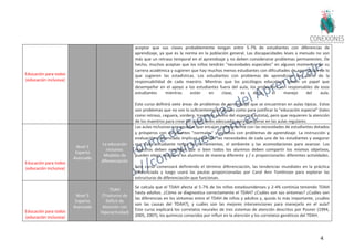 45
Educación para todos
(educación inclusiva)
aceptar que sus clases probablemente tengan entre 5-7% de estudiantes con diferencias de
aprendizaje, ya que es la norma en la población general. Las discapacidades leves a menudo no son
más que un retraso temporal en el aprendizaje y no deben considerarse problemas permanentes. De
hecho, muchos aceptan que los niños tendrán "necesidades especiales" en algunos momentos de su
carrera académica y sugieren que hay muchos menos estudiantes con dificultades de aprendizaje de lo
que sugieren las estadísticas. Los estudiantes con problemas de aprendizaje son parte de la
responsabilidad de cada maestro. Mientras que los psicólogos educativos tienen un papel que
desempeñar en el apoyo a los estudiantes fuera del aula, los profesores son responsables de esos
estudiantes mientras están en clase, es decir, el manejo del aula.
Este curso definirá siete áreas de problemas de aprendizaje que se encuentran en aulas típicas. Estos
son problemas que no son lo suficientemente graves como para justificar la "educación especial" (tales
como retraso, ceguera, sordera, trastorno severo del espectro autista), pero que requieren la atención
de los maestros para crear las condiciones adecuadas para prosperar en las aulas regulares.
Educación para todos
(educación inclusiva)
Nivel 5
Experto
Avanzado
La educación
inclusiva:
Modelos de
diferenciación
Las aulas inclusivas son aquellas que encajan exitosamente con las necesidades de estudiantes dotados
y prósperos con estudiantes "normales" y aquellos con problemas de aprendizaje. La instrucción y
evaluación diferenciada implican entender las necesidades de cada uno de los estudiantes y asegurar
que cada estudiante tenga las herramientas, el ambiente y las acomodaciones para avanzar. Los
maestros deben entender que si bien todos los alumnos deben compartir los mismos objetivos,
pueden elegir evaluar a los alumnos de manera diferente y / o proporcionarles diferentes actividades.
Este curso comenzará definiendo el término diferenciación, las tendencias mundiales en la práctica
diferenciada y luego usará las pautas proporcionadas por Carol Ann Tomlinson para explorar las
estructuras de diferenciación que funcionan.
Educación para todos
(educación inclusiva)
Nivel 5
Experto
Avanzado
TDAH
(Trastorno de
Déficit de
Atención con
Hiperactividad)
Se calcula que el TDAH afecta al 5-7% de los niños estadounidenses y 2-4% continúa teniendo TDAH
hasta adultos. ¿Cómo se diagnostica correctamente el TDAH? ¿Cuáles son sus síntomas? ¿Cuáles son
las diferencias en los síntomas entre el TDAH de niños y adultos y, quizás lo más importante, ¿cuáles
son las causas del TDAH?), y cuáles son las mejores intervenciones para manejarlo en el aula?
Este curso explicará los correlatos neurales de tres sistemas de atención descritos por Posner (1994,
2005, 2007), los químicos conocidos por influir en la atención y los correlatos genéticos del TDAH.
 