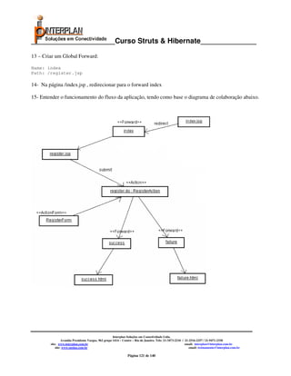 _____________________Curso Struts & Hibernate______________

13 – Criar um Global Forward:

Name: index
Path: /register.jsp

14- Na página /index.jsp , redirecionar para o forward index

15- Entender o funcionamento do fluxo da aplicação, tendo como base o diagrama de colaboração abaixo.




                                                      Interplan Soluções em Conectividade Ltda.
                 Avenida Presidente Vargas, 962 grupo 1414 – Centro – Rio de Janeiro. Tels: 21-3473-2210 / 21-2516-2257 / 21-9471-2330
        site: www.interplan.com.br                                                                         email: interplan@interplan.com.br
            site: www.ensina.com.br                                                                           email: treinamento@interplan.com.br

                                                               Página 121 de 140
 