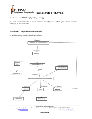 _____________________Curso Struts & Hibernate______________

11- Completar os TODO na página /pages/erro.jsp

12- Teste as funcionalidades da tela de formação, e verifique se as informações constam na tabela
formação no banco de dados.



Exercício 6 – Criação da tela de experiências

1- Analisar o diagrama de comunicação abaixo:




                                                      Interplan Soluções em Conectividade Ltda.
                 Avenida Presidente Vargas, 962 grupo 1414 – Centro – Rio de Janeiro. Tels: 21-3473-2210 / 21-2516-2257 / 21-9471-2330
        site: www.interplan.com.br                                                                         email: interplan@interplan.com.br
            site: www.ensina.com.br                                                                           email: treinamento@interplan.com.br

                                                               Página 130 de 140
 