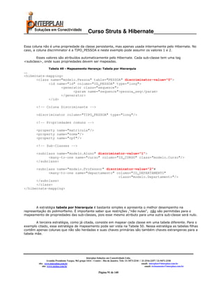 _____________________Curso Struts & Hibernate______________

Essa coluna não é uma propriedade da classe persistente, mas apenas usada internamente pelo Hibernate. No
caso, a coluna discriminator é a TIPO_PESSOA e neste exemplo pode assumir os valores 1 e 2.

       Esses valores são atribuídos automaticamente pelo Hibernate. Cada sub-classe tem uma tag
<subclass>, onde suas propriedades devem ser mapeadas.

                  Tabela 49 - Mapeamento Herança: Tabela por Hierarquia
...
<hibernate-mapping>
      <class name="modelo.Pessoa" table="PESSOA" discriminator-value="0">
            <id name="id" column="ID_PESSOA" type="long">
                  <generator class="sequence">
                        <param name="sequence">pessoa_seq</param>
                  </generator>
            </id>

       <!-- Coluna Discriminante -->

       <discriminator column="TIPO_PESSOA" type="long"/>

       <!-- Propriedades comuns -->

       <property name="matricula"/>
       <property name="nome"/>
       <property name="cpf"/>

       <!-- Sub-Classes -->

       <subclass name="modelo.Aluno" discriminator-value="1">
             <many-to-one name="curso" column="ID_CURSO" class="modelo.Curso"/>
       </subclass>

      <subclass name="modelo.Professor" discriminator-value="2">
            <many-to-one name="departamento" column="ID_DEPARTAMENTO"
                                              class="modelo.Departamento"/>
      </subclass>
      </class>
</hibernate-mapping>




       A estratégia tabela por hierarquia é bastante simples e apresenta o melhor desempenho na
representação do polimorfismo. É importante saber que restrições ,"não nulas", não são permitidas para o
mapeamento de propriedades das sub-classes, pois esse mesmo atributo para uma outra sub-classe será nulo.

        A terceira estratégia, como já citada, consiste em mapear cada classe em uma tabela diferente. Para o
exemplo citado, essa estratégia de mapeamento pode ser vista na Tabela 50. Nessa estratégia as tabelas filhas
contêm apenas colunas que não são herdadas e suas chaves primárias são também chaves estrangeiras para a
tabela mãe.




                                                       Interplan Soluções em Conectividade Ltda.
                  Avenida Presidente Vargas, 962 grupo 1414 – Centro – Rio de Janeiro. Tels: 21-3473-2210 / 21-2516-2257 / 21-9471-2330
         site: www.interplan.com.br                                                                         email: interplan@interplan.com.br
             site: www.ensina.com.br                                                                           email: treinamento@interplan.com.br

                                                                 Página 91 de 140
 