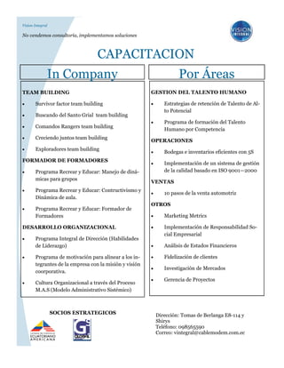 Vision Integral

No vendemos consultoría, implementamos soluciones



                                  CAPACITACION
              In Company                                             Por Áreas
TEAM BUILDING                                           GESTION DEL TALENTO HUMANO

•      Survivor factor team building                    •      Estrategias de retención de Talento de Al-
                                                               to Potencial
•      Buscando del Santo Grial team building
                                                        •      Programa de formación del Talento
•      Comandos Rangers team building
                                                               Humano por Competencia
•      Creciendo juntos team building
                                                        OPERACIONES
•      Exploradores team building
                                                        •      Bodegas e inventarios eficientes con 5S
FORMADOR DE FORMADORES
                                                        •      Implementación de un sistema de gestión
•      Programa Recrear y Educar: Manejo de diná-              de la calidad basado en ISO 9001—2000
       micas para grupos
                                                        VENTAS
•      Programa Recrear y Educar: Contructivismo y
                                                        •      10 pasos de la venta automotriz
       Dinámica de aula.
                                                        OTROS
•      Programa Recrear y Educar: Formador de
       Formadores                                       •      Marketing Metrics

DESARROLLO ORGANIZACIONAL                               •      Implementación de Responsabilidad So-
                                                               cial Empresarial
•      Programa Integral de Dirección (Habilidades
       de Liderazgo)                                    •      Análisis de Estados Financieros

•      Programa de motivación para alinear a los in-    •      Fidelización de clientes
       tegrantes de la empresa con la misión y visión
                                                        •      Investigación de Mercados
       coorporativa.
                                                        •      Gerencia de Proyectos
•      Cultura Organizacional a través del Proceso
       M.A.S (Modelo Administrativo Sistémico)



                  SOCIOS ESTRATEGICOS                       Dirección: Tomas de Berlanga E8-114 y
                                                            Shirys
                                                            Teléfono: 098565590
                                                            Correo: vintegral@cablemodem.com.ec
 