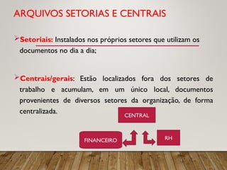 ARQUIVOS SETORIAS E CENTRAIS
Setoriais: Instalados nos próprios setores que utilizam os
documentos no dia a dia;
Centrais/gerais: Estão localizados fora dos setores de
trabalho e acumulam, em um único local, documentos
provenientes de diversos setores da organização, de forma
centralizada. CENTRAL
FINANCEIRO RH
 