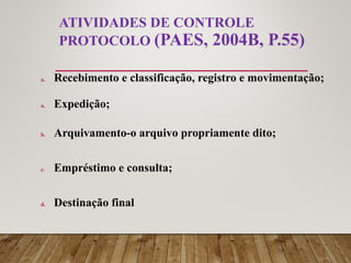 ATIVIDADES DE CONTROLE
PROTOCOLO (PAES, 2004B, P.55)
a. Recebimento e classificação, registro e movimentação;
a. Expedição;
b. Arquivamento-o arquivo propriamente dito;
c. Empréstimo e consulta;
d. Destinação final
 