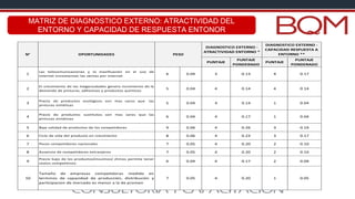 MATRIZ DE DIAGNOSTICO EXTERNO: ATRACTIVIDAD DEL
ENTORNO Y CAPACIDAD DE RESPUESTA ENTONOR
PUNTAJE
PUNTAJE
PONDERADO
PUNTAJE
PUNTAJE
PONDERADO
1
Las telecomunicaciones y la masificación en el uso de
internet incrementan las ventas por internet
6 0.04 3 0.13 4 0.17
2
El crecimiento de las megaciudades genera incremento de la
demanda de pinturas, adhesivos y productos químicos
5 0.04 4 0.14 4 0.14
3
Precio de productos ecológicos son mas caros que las
pinturas sintéticas
5 0.04 4 0.14 1 0.04
4
Precio de productos sustitutos son mas caros que las
pinturas sintéticas
6 0.04 4 0.17 1 0.04
5 Baja calidad de productos de los competidores 9 0.06 4 0.26 3 0.19
6 Ciclo de vida del producto en crecimiento 8 0.06 4 0.23 3 0.17
7 Pocos competidores nacionales 7 0.05 4 0.20 2 0.10
8 Ausencia de competidores extranjeros 7 0.05 4 0.20 2 0.10
9
Precio bajo de los productos(insuimos) chinos permite tener
costos competitivos
6 0.04 4 0.17 2 0.09
10
Tamaño de empresas competidoras medido en
terminos de capacidad de producción, distribución y
participacion de mercado es menor a la de promen
7 0.05 4 0.20 1 0.05
PESO
DIAGNOSTICO EXTERNO -
ATRACTIVIDAD ENTORNO *
N° OPORTUNIDADES
DIAGNOSTICO EXTERNO -
CAPACIDAD RESPUESTA A
ENTORNO **
 
