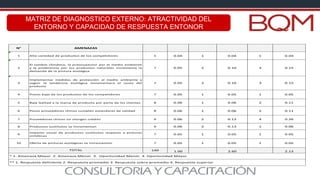 N° AMENAZAS
1 Alta variedad de productos de los competidores 5 0.04 1 0.04 1 0.04
2
El cambio climático, la preocupacion por el medio ambiente
y la preferencia por los productos naturales incrementa la
demanda de la pintura ecológica
7 0.05 2 0.10 3 0.15
3
Implementar medidas de protección al medio ambiente y
seguir la tendencia ecológica incrementara el costo del
producto
7 0.05 2 0.10 3 0.15
4 Precio bajo de los productos de los competidores 7 0.05 1 0.05 1 0.05
5 Baja lealtad a la marca de producto por parte de los clientes 8 0.06 1 0.06 2 0.11
6 Pocos proveedores chinos cumplen estandares de calidad 8 0.06 1 0.06 2 0.11
7 Proveedores chinos no otorgan crédito 9 0.06 2 0.13 4 0.26
8 Productos sustitutos se incrementan 9 0.06 2 0.13 1 0.06
9
Impacto visual de productos sustitutos respecto a pinturas
sintéticas
7 0.05 1 0.05 1 0.05
10 Oferta de pinturas ecológicas se incrementan 7 0.05 1 0.05 1 0.05
140 1.00 2.60 2.13
** 1. Respuesta deficiente 2. Respuesta promedio 3. Respuesta sobre promedio 4. Respuesta superior
* 1. Amenaza Mayor 2. Amenaza Menor 3. Oportunidad Menor 4. Oportunidad Mayor
TOTAL
MATRIZ DE DIAGNOSTICO EXTERNO: ATRACTIVIDAD DEL
ENTORNO Y CAPACIDAD DE RESPUESTA ENTONOR
 