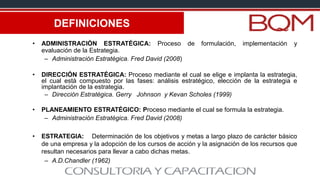 DEFINICIONES
• ADMINISTRACIÓN ESTRATÉGICA: Proceso de formulación, implementación y
evaluación de la Estrategia.
– Administración Estratégica. Fred David (2008)
• DIRECCIÓN ESTRATÉGICA: Proceso mediante el cual se elige e implanta la estrategia,
el cual está compuesto por las fases: análisis estratégico, elección de la estrategia e
implantación de la estrategia.
– Dirección Estratégica. Gerry Johnson y Kevan Scholes (1999)
• PLANEAMIENTO ESTRATÉGICO: Proceso mediante el cual se formula la estrategia.
– Administración Estratégica. Fred David (2008)
• ESTRATEGIA: Determinación de los objetivos y metas a largo plazo de carácter básico
de una empresa y la adopción de los cursos de acción y la asignación de los recursos que
resultan necesarios para llevar a cabo dichas metas.
– A.D.Chandler (1962)
 