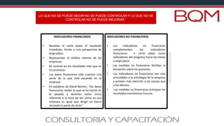 INDICADORES FINANCIEROS
• Resaltan el corto plazo, el resultado
inmediato, frente a una perspectiva de
largo plazo.
• Representan el ámbito interno de las
empresas.
• Se centran en los resultados más que en
los procesos.
• Los datos financieros sólo cuentan una
parte de lo que está pasando en la
empresa .
• En palabras de David Norton, “los datos
financieros miden lo que se ha hecho en
el pasado y tenerlos como único
referente a la hora de ver cómo va una
empresa es igual que dirigir un barco
mirando la parte de atrás”.
INDICADORES NO FINANCIEROS
• Los indicadores no financieras
complementan los indicadores
financieros a corto plazo como
indicadores del progreso hacia las metas
a largo plazo.
• Las medidas no financieras facilitan la
actuación sobre los procesos.
• Los indicadores no financieros son más
vinculables a la estrategia de la empresa
y prestan más atención a las causas que
a los efectos.
• Las medidas no financieras anticipan los
resultados económicos futuros .
LO QUE NO SE PUEDE MEDIR NO SE PUEDE CONTROLAR Y LO QUE NO SE
CONTROLAR NO SE PUEDE MEJORAR.”
 