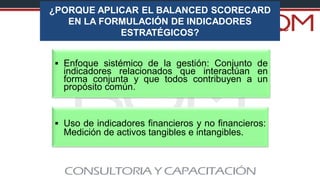 ¿PORQUE APLICAR EL BALANCED SCORECARD
EN LA FORMULACIÓN DE INDICADORES
ESTRATÉGICOS?
▪ Enfoque sistémico de la gestión: Conjunto de
indicadores relacionados que interactúan en
forma conjunta y que todos contribuyen a un
propósito común.
▪ Uso de indicadores financieros y no financieros:
Medición de activos tangibles e intangibles.
 