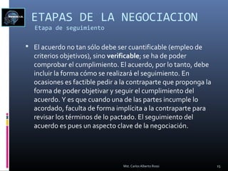 ETAPAS DE LA NEGOCIACION
Etapa de seguimiento
 El acuerdo no tan sólo debe ser cuantificable (empleo de
criterios objetivos), sino verificable; se ha de poder
comprobar el cumplimiento. El acuerdo, por lo tanto, debe
incluir la forma cómo se realizará el seguimiento. En
ocasiones es factible pedir a la contraparte que proponga la
forma de poder objetivar y seguir el cumplimiento del
acuerdo. Y es que cuando una de las partes incumple lo
acordado, faculta de forma implícita a la contraparte para
revisar los términos de lo pactado. El seguimiento del
acuerdo es pues un aspecto clave de la negociación.
15Mst. Carlos Alberto Rossi
 