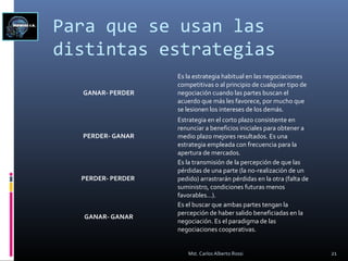 Para que se usan las
distintas estrategias
GANAR- PERDER
Es la estrategia habitual en las negociaciones
competitivas o al principio de cualquier tipo de
negociación cuando las partes buscan el
acuerdo que más les favorece, por mucho que
se lesionen los intereses de los demás.
PERDER- GANAR
Estrategia en el corto plazo consistente en
renunciar a beneficios iniciales para obtener a
medio plazo mejores resultados. Es una
estrategia empleada con frecuencia para la
apertura de mercados.
PERDER- PERDER
Es la transmisión de la percepción de que las
pérdidas de una parte (la no-realización de un
pedido) arrastrarán pérdidas en la otra (falta de
suministro, condiciones futuras menos
favorables...).
GANAR- GANAR
Es el buscar que ambas partes tengan la
percepción de haber salido beneficiadas en la
negociación. Es el paradigma de las
negociaciones cooperativas.
21Mst. Carlos Alberto Rossi
 
