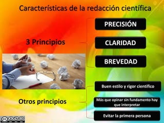 14
PRECISIÓN
CLARIDAD
BREVEDAD
3 Principios
Características de la redacción científica
Buen estilo y rigor científico
Otros principios Más que opinar sin fundamento hay
que interpretar
Evitar la primera persona
 