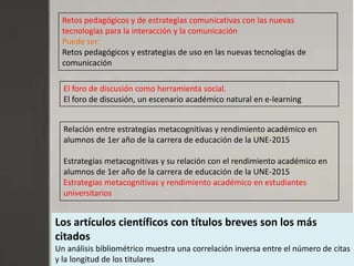 Los artículos científicos con títulos breves son los más
citados
Un análisis bibliométrico muestra una correlación inversa entre el número de citas
y la longitud de los titulares
Retos pedagógicos y de estrategias comunicativas con las nuevas
tecnologías para la interacción y la comunicación
Puede ser:
Retos pedagógicos y estrategias de uso en las nuevas tecnologías de
comunicación
El foro de discusión como herramienta social.
El foro de discusión, un escenario académico natural en e-learning
Relación entre estrategias metacognitivas y rendimiento académico en
alumnos de 1er año de la carrera de educación de la UNE-2015
Estrategias metacognitivas y su relación con el rendimiento académico en
alumnos de 1er año de la carrera de educación de la UNE-2015
Estrategias metacognitivas y rendimiento académico en estudiantes
universitarios
 