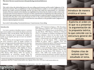 Explicita el orden en
el que va a presentar
la argumentación de
la propuesta teórica,
lo que coincide con la
estructura general del
artículo.
Emplea citas de
autores que han
estudiado el tema.
Introduce de manera
sintética el tema.
 