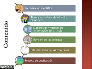La redacción científica
Tipos y estructura de artículos
científicos
Elaboración y fuentes de
información del artículo
Revisión de los artículos
Interpretación de los resultados
Proceso de publicación
Contenido
 