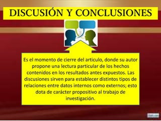 DISCUSIÓN Y CONCLUSIONES
Es el momento de cierre del articulo, donde su autor
propone una lectura particular de los hechos
contenidos en los resultados antes expuestos. Las
discusiones sirven para establecer distintos tipos de
relaciones entre datos internos como externos; esto
dota de carácter propositivo al trabajo de
investigación.
 
