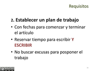 34
2. Establecer un plan de trabajo
• Con fechas para comenzar y terminar
el artículo
• Reservar tiempo para escribir Y
ESCRIBIR
• No buscar excusas para posponer el
trabajo
Requisitos
 