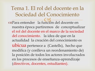Tema 1. El rol del docente en la
  Sociedad del Conocimiento
Para entender
                       del docente en
                 la función
 nuestra época partiremos de conceptualizar
 el rol del docente en el marco de la sociedad
 del conocimiento. la idea de que en la
 actualidad la creación del conocimiento es
 ubicua pertenece a (Castells), hecho que
 modifica (y conlleva un reordenamiento de)
 la posición de todos los actores involucrados
 en los procesos de enseñanza-aprendizaje
 (directivos, docentes, estudiantes).
 