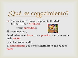 ¿Qué es conocimiento?
           
 Conocimiento es lo que te permite TOMAR
   DECISIONES Y ACTUAR
        ( y fue aprendido).
Si permite actuar,
Se adquiere en el hacer con la practica y se demuestra
en la acción.
 y no hablando de ello.
El conocimiento que tienes determina lo que puedes
hacer
 