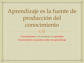 Aprendizaje es la fuente de
     producción del
      conocimiento
                       
      Conocimiento es el resultado de aprender
    Conocimiento no puede existir sin aprendizaje
 