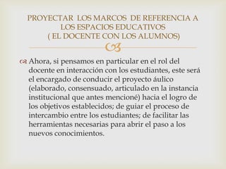 PROYECTAR LOS MARCOS DE REFERENCIA A
          LOS ESPACIOS EDUCATIVOS
      ( EL DOCENTE CON LOS ALUMNOS)
                         
 Ahora, si pensamos en particular en el rol del
  docente en interacción con los estudiantes, este será
  el encargado de conducir el proyecto áulico
  (elaborado, consensuado, articulado en la instancia
  institucional que antes mencioné) hacia el logro de
  los objetivos establecidos; de guiar el proceso de
  intercambio entre los estudiantes; de facilitar las
  herramientas necesarias para abrir el paso a los
  nuevos conocimientos.
 