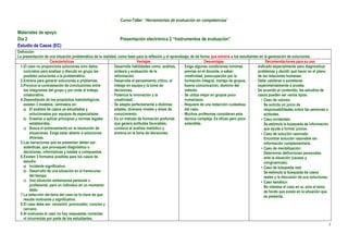 Curso-Taller: “Herramientas de evaluación en competencias”

Materiales de apoyo
Día 2                                                          Presentación electrónica 2 “Instrumentos de evaluación”
Estudio de Casos (EC)
Definición
La presentación de una situación problemática de la realidad, como base para la reflexión y el aprendizaje, de tal forma que entrene a los estudiantes en la generación de soluciones.
                    Características                                        Ventajas                                  Desventajas                           Recomendaciones para su uso
 1.El caso no proporciona soluciones sino datos           - Desarrolla habilidades como: análisis, - Exige algunas condiciones mínimas              - Indicado especialmente para diagnosticar
   concretos para analizar y discutir en grupo las          síntesis y evaluación de la                 previas en el docente, a saber:               problemas y decidir qué hacer en el plano
   posibles soluciones a la problemática.                   información.                                creatividad, preocupación por la              de las relaciones humanas.
 2.Entrena para generar soluciones a problemas.           - Desarrolla el pensamiento crítico, el       formación integral, manejo de grupos,       - Debe validarse o someterse
 3.Provoca la contrastación de conclusiones entre           trabajo en equipo y la toma de              buena comunicación, dominio del               experimentalmente a prueba.
   los integrantes del grupo y por ende al trabajo          decisiones.                                 método.                                     - De acuerdo al contenido, los estudios de
   colaborativo.                                          - Potencia la innovación y la               - Se utiliza mejor en grupos poco               casos pueden ser varios tipos:
 4.Dependiendo de los propósitos metodológicos,             creatividad.                                numerosos.                                       Caso de valores:
   existen 3 modelos, centrados en:                       - Se adapta perfectamente a distintas       - Requiere de una redacción cuidadosa               Se solicita un juicio de
   a) El análisis de casos ya estudiados y                  edades, diversos niveles y áreas de         del caso.                                         responsabilidades sobre las personas o
       solucionados por equipos de especialistas.           conocimiento.                             - Muchos profesores consideran esta                 actitudes.
   b) Enseñar a aplicar principios y normas legales       - Es un método de formación profunda          técnica compleja. Es eficaz pero poco            Caso incidentes:
       establecidas.                                        que genera actitudes favorables,            extendida.                                        Se estimula la búsqueda de información
   c) Busca el entrenamiento en la resolución de            conduce al análisis metódico y                                                                que ayude a formar juicios.
       situaciones. Exige estar abierto a soluciones        entrena en la toma de decisiones.                                                            Caso de solución razonada:
       diversas.                                                                                                                                          Encontrar solución razonable sin
 5.Las narraciones que se presentan deben ser:                                                                                                            información complementaria.
   auténticas, que provoquen diagnóstico o                                                                                                               Caso de mentalización:
   decisiones, informativas y totales o compuestas.                                                                                                       Determinar definiciones personales
 6.Existen 3 formatos posibles para los casos de                                                                                                          ante la situación (causas y
   estudio:                                                                                                                                               congruencias).
   a) Incidente significativo.                                                                                                                           Caso de búsqueda real:
   b) Desarrollo de una situación en el transcurso                                                                                                        Se estimula la búsqueda de casos
       del tiempo.                                                                                                                                        reales y la discusión de sus soluciones.
   c) Una situación embarazosa personal o                                                                                                                Caso temático:
       profesional, para un individuo en un momento                                                                                                       No interesa el caso en sí, sino el tema
       dado.                                                                                                                                              de fondo que existe en la situación que
 7.La selección del tema del caso es la clave de que                                                                                                      se presenta.
   resulte motivante y significativo.
 8.El caso debe ser: verosímil, provocador, conciso y
   cercano.
 9.Al evaluarse el caso no hay respuestas correctas
   ni incorrectas por parte de los estudiantes.
                                                                                                                                                                                                     2
 
