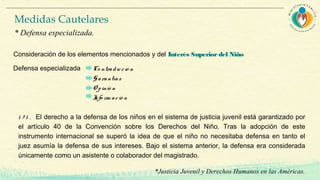 Consideración de los elementos mencionados y del Interés Superiordel Niño
Defensa especializada Co ntradicció n
Garantías
O pinió n
Info rm ació n
1 7 1 . El derecho a la defensa de los niños en el sistema de justicia juvenil está garantizado por
el artículo 40 de la Convención sobre los Derechos del Niño. Tras la adopción de este
instrumento internacional se superó la idea de que el niño no necesitaba defensa en tanto el
juez asumía la defensa de sus intereses. Bajo el sistema anterior, la defensa era considerada
únicamente como un asistente o colaborador del magistrado.
Medidas Cautelares
* Defensa especializada.
*Justicia Juvenil y Derechos Humanos en las Américas.
 