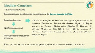 Consideración de los elementos mencionados y del Interés Superiordel Niño
Derecho al recurso: CDN37 inc b; Re g las de Nacio ne s Unidas para la pro te cció n de lo s
Me no re s Privado s de Libe rtad (La Habana) Re g la 1 8 ; Re g las
m ínim as de Nacio ne s Unidas so bre Me didas No Privativas de
Libe rtad (Re g las de To kio ), Re g la 6 . 3; y Re g las m ínim as de
Nacio ne s Unidas para la adm inistració n de Justicia de Me no re s
(Be ijing ). Re g la 7 .
Notificación personal
Resoluciones que resuelven
el recurso.
Plaz o raz o nable de re so lució n co nfo rm e plaz o de duració n to talde la m e dida .
Medidas Cautelares
* Resolución fundada.
 