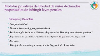 Medidas privativas de libertad de niños declarados
responsables de infringir leyes penales.
Principios y Garantías
* Exce pcio nalidad.
* Máxim a bre ve dad y pro po rcio nalidad.
* Se nte ncia fundada e n e lInte ré s Supe rio r de lNiño (arg um e ntació n jurídica).
* Im po sició n de m e didas ajustado s alo bje tivo de justicia pe naljuve nil.
* Re curso .
* Principio de re visió n y e valuació n de lim pacto de la m e dida.
 