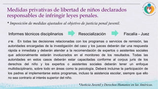 Medidas privativas de libertad de niños declarados
responsables de infringir leyes penales.
Informes técnicos disciplinarios Resocialización Fiscalía - Juez
* Imposición de medidas ajustados al objetivo de justicia penal juvenil.
246 . En todas las decisiones relacionadas con los programas o servicios de remisión, las
autoridades encargadas de la investigación del caso y los jueces deberán dar una respuesta
rápida e inmediata y deberán atender a la recomendación de expertos o asistentes sociales
que adicionalmente estarán involucrados en el monitoreo de los resultados. Todas las
autoridades en estos casos deberán estar capacitadas conforme al corpus juris de los
derechos del niño y los expertos o asistentes sociales deberán tener un enfoque
multidisciplinario, sobre todo en áreas como la psicología. Deberá incluirse la participación de
los padres al implementarse estos programas, incluso la asistencia escolar, siempre que ello
no sea contrario al interés superior del niño.
*Justicia Juvenil y Derechos Humanos en las Américas.
 