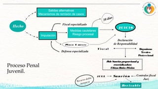 Proceso Penal
Juvenil.
Hecho
Salidas alternativas
Mecanismos de remisión de casos
Imputación
Medidas cautelares
Riesgo procesal
30 días
Fiscal especializado
Defensa especializada
Pl az o 6 mes es
JU I C I O
Declaración
de Responsabilidad
F i s c a l Organismo
Técnico
Proteccional
PideSanciónproporcional y
resocializadora
UltimaRatio: Prisión
JU E Z Sanc i ón Contralor fiscal
Juez
Rev i s abl e
Recurso doble
instancia
 
