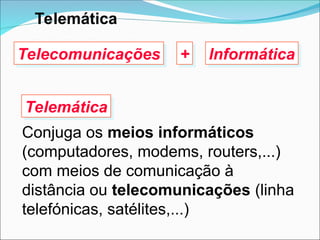 Conjuga os meios informáticos
(computadores, modems, routers,...)
com meios de comunicação à
distância ou telecomunicações (linha
telefónicas, satélites,...)
Telecomunicações Informática
Telemática
Telemática
+
 
