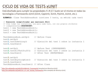 CICLO DE VIDA DE TESTS xUNIT 
Está diseñado para cumplir las propiedades F.I.R.S.T. Suele ser el mismo en todas las 
tecnologías o frameworks xUnit (JUnit, CppUnit, SUnit, PyUnit, JsUnit, etc.). 
EJEMPLO: Clase TestAddressBook (contiene 3 tests, un método cada test) 
// Ejecución (simplificada) que realizará JUnit 
// Crea todas las instancias, una para cada test, con sus propios atributos 
// independientes(INDEPENDENT) 
test1 = new TestAddressBook(); 
test2 = new TestAddressBook(); 
test3 = new TestAddressBook(); 
TestAddressBook.setUp() // Before Class 
test1.setUp() 
test1.testSomething() // Ejecución del test 1 sobre la instancia 1 
test1.tearDown() 
test2.setUp() // Before Test (INDEPENDENT) 
test2.testAllThatStuff() // Ejecución del test 2 sobre la instancia 2 
test2.tearDown() // After Test (REPEATABLE) 
test3.setUp() 
test3.testAnythingElse() // Ejecución del test 3 sobre la instancia 3 
test3.tearDown() 
TestAddressBook.tearDown() // After Class 
* http://en.wikipedia.org/wiki/XUnit#xUnit_Frameworks (arquitectura librerías xUnit) 
* http://en.wikipedia.org/wiki/List_of_unit_testing_frameworks (lista completa de librerías xUnit) 
 