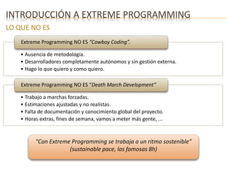 INTRODUCCIÓN A EXTREME PROGRAMMING 
LO QUE NO ES 
Extreme Programming NO ES “Cowboy Coding”. 
• Ausencia de metodología. 
• Desarrolladores completamente autónomos y sin gestión externa. 
• Hago lo que quiero y como quiero. 
Extreme Programming NO ES “Death March Development” 
• Trabajo a marchas forzadas. 
• Estimaciones ajustadas y no realistas. 
• Falta de documentación y conocimiento global del proyecto. 
• Horas extras, fines de semana, vamos a meter más gente, ... 
“Con Extreme Programming se trabaja a un ritmo sostenible” 
(sustainable pace, las famosas 8h) 
 