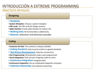 INTRODUCCIÓN A EXTREME PROGRAMMING 
PRACTICES OR RULES 
Designing 
• Simplicity 
•System Metaphor: Choose a system metaphor. 
•CRC cards: Use CRC cards for design sessions. 
•Spike Solution: Create spike solutions to reduce risk. 
• Nothing Early: No functionality is added early. 
• Refactor: whenever and wherever possible. 
Coding 
•Customer On-Site: The customer is always available. 
• Coding Standard: Code must be written to agreed standards. 
• Test Driven Development: Code the unit test first. 
•Pair Programming: All production code is pair programmed. 
• Serial Integration: Only one pair integrates code at a time. 
• Continuous Integration: Integrate often. 
•Continuous Integration: Set up a dedicated integration computer. 
• Collective Ownership: Use collective ownership. 
 