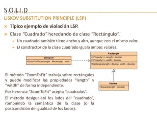 S.O.L.I.D 
LISKOV SUBSTITUTION PRINCIPLE (LSP) 
 Típico ejemplo de violación LSP. 
 Clase “Cuadrado” heredando de clase “Rectángulo”. 
 Un cuadrado también tiene ancho y alto, aunque con el mismo valor. 
 El constructor de la clase cuadrado iguala ambos valores. 
El método “ZoomToFit” trabaja sobre rectángulos 
y puede modificar las propiedades “length” y 
“witdh” de forma independiente. 
Por herencia “ZoomToFit” acepta “cuadrados”. 
El método desigualará los lados del “cuadrado”, 
rompiendo la semántica de la clase (o la 
postcondición de igualdad de los lados). 
 