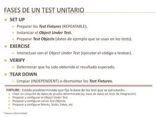 FASES DE UN TEST UNITARIO 
 SET UP 
 Preparar los Test Fixtures (REPEATABLE). 
 Instanciar el Object Under Test. 
 Preparar Test Objects (datos de ejemplo que se usan en los tests). 
 EXERCISE 
 Interactuar con el Object Under Test (ejecutar el código a testear). 
 VERIFY 
 Determinar que ha sido obtenido el resultado esperado. 
 TEAR DOWN 
 Limpiar (INDEPENDENT) o desmontar los Text Fixtures. 
FIXTURE: Estado predeterminado que fija la base de los test que se ejecutarán. 
 Crear un conjunto de datos de prueba determinado (ej. base de datos en tests de integración). 
 Preparar y configurar el Object Under Test. 
 Preparar y configurar varios Test Objects. 
 Preparar y configurar Mocks, Stubs, Fakes, etc. 
 … 
* Fixture o Test Context 
 