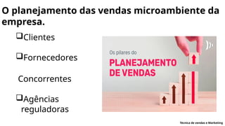 O planejamento das vendas microambiente da
empresa.
Clientes
Fornecedores
Concorrentes
Agências
reguladoras
Técnica de vendas e Marketing
 