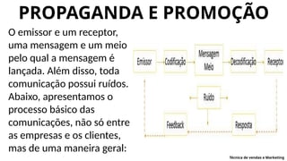 PROPAGANDA E PROMOÇÃO
O emissor e um receptor,
uma mensagem e um meio
pelo qual a mensagem é
lançada. Além disso, toda
comunicação possui ruídos.
Abaixo, apresentamos o
processo básico das
comunicações, não só entre
as empresas e os clientes,
mas de uma maneira geral:
Técnica de vendas e Marketing
 