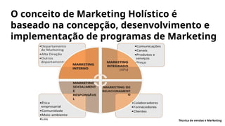 O conceito de Marketing Holístico é
baseado na concepção, desenvolvimento e
implementação de programas de Marketing
Técnica de vendas e Marketing
 