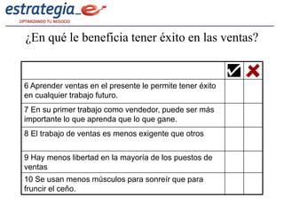 ¿En qué le beneficia tener éxito en las ventas?


6 Aprender ventas en el presente le permite tener éxito
en cualquier trabajo futuro.
7 En su primer trabajo como vendedor, puede ser más
importante lo que aprenda que lo que gane.
8 El trabajo de ventas es menos exigente que otros


9 Hay menos libertad en la mayoría de los puestos de
ventas
10 Se usan menos músculos para sonreír que para
fruncir el ceño.
 