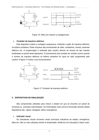 Eletromecânica - Comandos Elétricos – Prof Wesley de Almeida Souto – Compilado I




                         Figura 16 :Relé com retardo no desligamento


    Contador de impulsos elétricos
     Este dispositivo realiza a contagem progressiva, mediante a ação de impulsos elétricos,
na bobina contadora. Estes impulsos são provenientes de relés, contadores, chaves, sensores
elétricos etc. A programação é realizada pelo usuário através de chaves do tipo impulso
localizadas no painel deste dispositivo. O acionamento dos contatos do contator ocorre quando
o número de impulsos elétricos na bobina contadora for igual ao valor programado pelo
usuário. A figura 17 ilustra o seu funcionamento.




                           Figura 17 :Contador de impulsos elétricos




5. DISPOSITIVOS DE SINALIZAÇÃO


     São componentes utilizados para indicar o estado em que se encontra um painel de
comando ou processo automatizado. As informações mais comuns fornecidas através destes
dispositivos são : ligado, desligado, falha e emergência.


    Indicador visual
     Os indicadores visuais fornecem sinais luminosos indicativos de estado, emergência,
falha etc. São os mais utilizados devido à simplicidade, eficiência (na indicação) e baixo custo.



                                              10
 