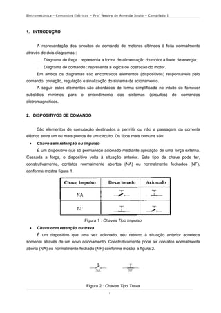 Eletromecânica - Comandos Elétricos – Prof Wesley de Almeida Souto – Compilado I




1. INTRODUÇÃO


     A representação dos circuitos de comando de motores elétricos é feita normalmente
através de dois diagramas :
        Diagrama de força : representa a forma de alimentação do motor à fonte de energia;
        Diagrama de comando : representa a lógica de operação do motor.
     Em ambos os diagramas são encontrados elementos (dispositivos) responsáveis pelo
comando, proteção, regulação e sinalização do sistema de acionamento.
     A seguir estes elementos são abordados de forma simplificada no intuito de fornecer
subsídios   mínimos    para   o    entendimento    dos   sistemas    (circuitos)   de   comandos
eletromagnéticos.


2. DISPOSITIVOS DE COMANDO


     São elementos de comutação destinados a permitir ou não a passagem da corrente
elétrica entre um ou mais pontos de um circuito. Os tipos mais comuns são:
    Chave sem retenção ou impulso
     É um dispositivo que só permanece acionado mediante aplicação de uma força externa.
Cessada a força, o dispositivo volta à situação anterior. Este tipo de chave pode ter,
construtivamente, contatos normalmente abertos (NA) ou normalmente fechados (NF),
conforme mostra figura 1.




                                  Figura 1 : Chaves Tipo Impulso
    Chave com retenção ou trava
     É um dispositivo que uma vez acionado, seu retorno à situação anterior acontece
somente através de um novo acionamento. Construtivamente pode ter contatos normalmente
aberto (NA) ou normalmente fechado (NF) conforme mostra a figura 2.




                                   Figura 2 : Chaves Tipo Trava
                                               2
 