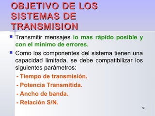 1212
OBJETIVO DE LOSOBJETIVO DE LOS
SISTEMAS DESISTEMAS DE
TRANSMISIONTRANSMISION
 Transmitir mensajes lo mas rápido posible y
con el mínimo de errores.
 Como los componentes del sistema tienen una
capacidad limitada, se debe compatibilizar los
siguientes parámetros:
- Tiempo de transmisión.
- Potencia Transmitida.
- Ancho de banda.
- Relación S/N.
 